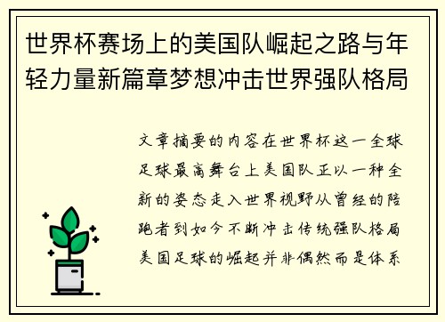 世界杯赛场上的美国队崛起之路与年轻力量新篇章梦想冲击世界强队格局 世界杯赛场上的美国队崛起之路与年轻力量新篇章梦想冲击世界强队格局